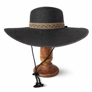 Kallina Sun Hat Black Wide Brim Woven Butterfly Accent Resort Beachwear Travel